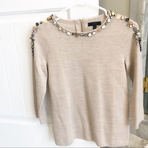 J Crew Top XXSmall XXS Jeweled Neck Tan Beige